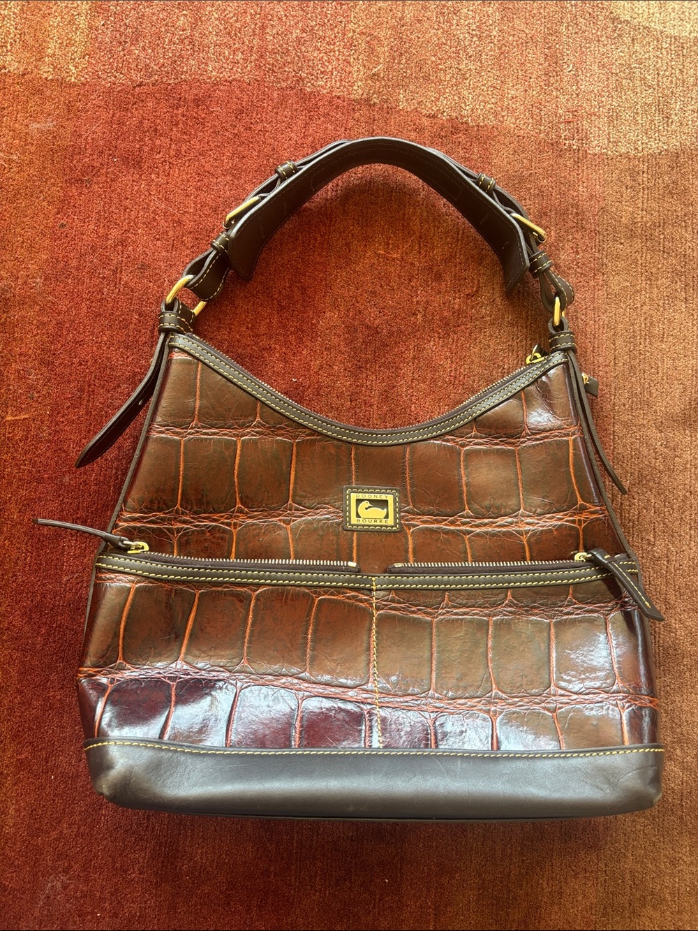 Dooney & Bourke Y2K Lux Brown/Burgundy Croc-Embossed Leather Hobo Bag